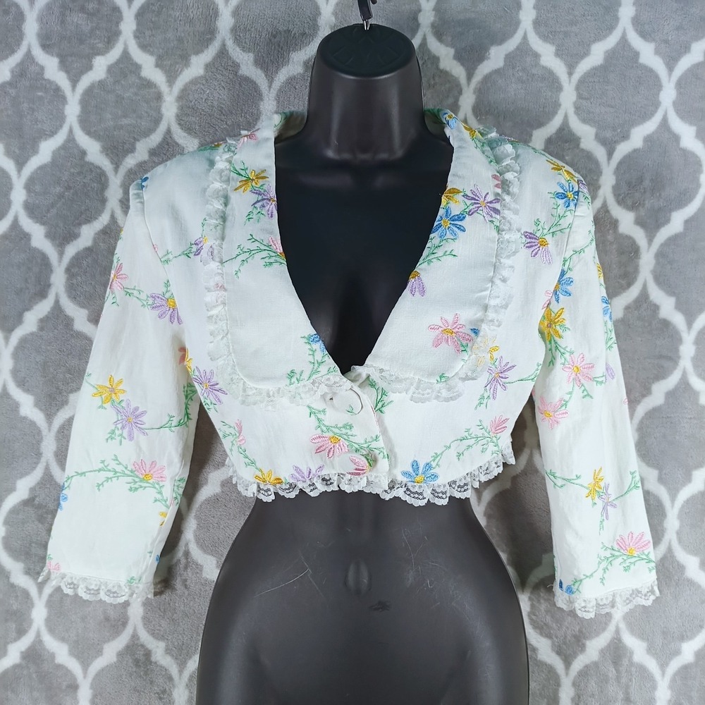 For Love And Lemons Cropped Blazer Jacket Women XS White Floral Embroidered